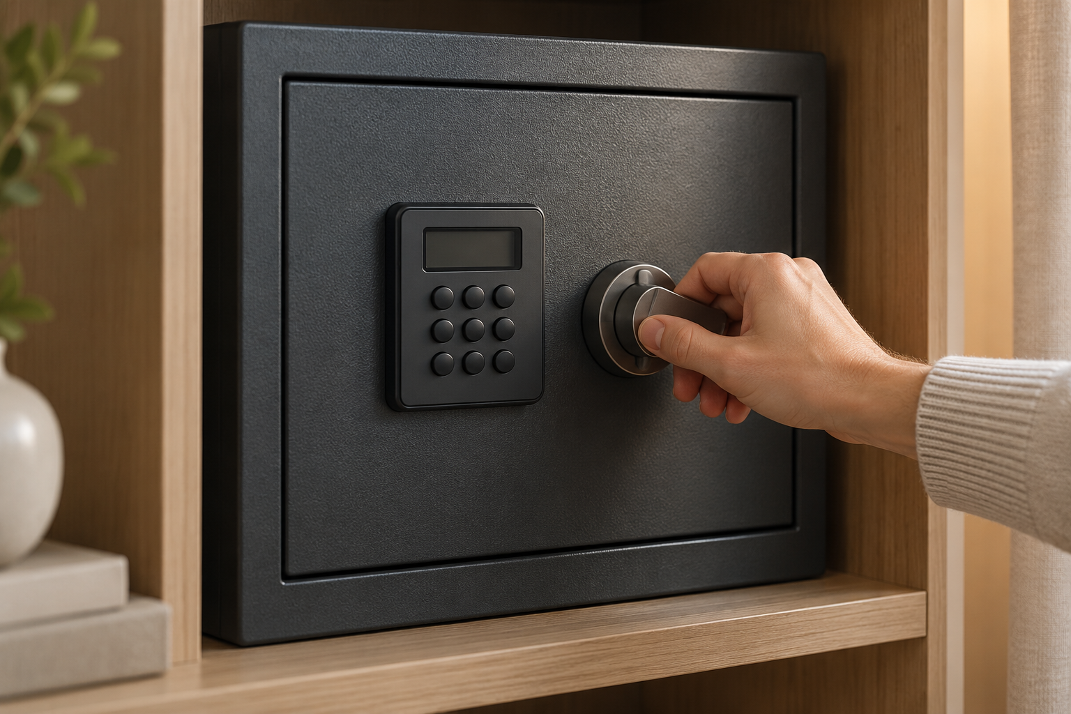 Eine Hand betätigt den Griff einer geschlossenen Tresortür mit elektronischem Schloss