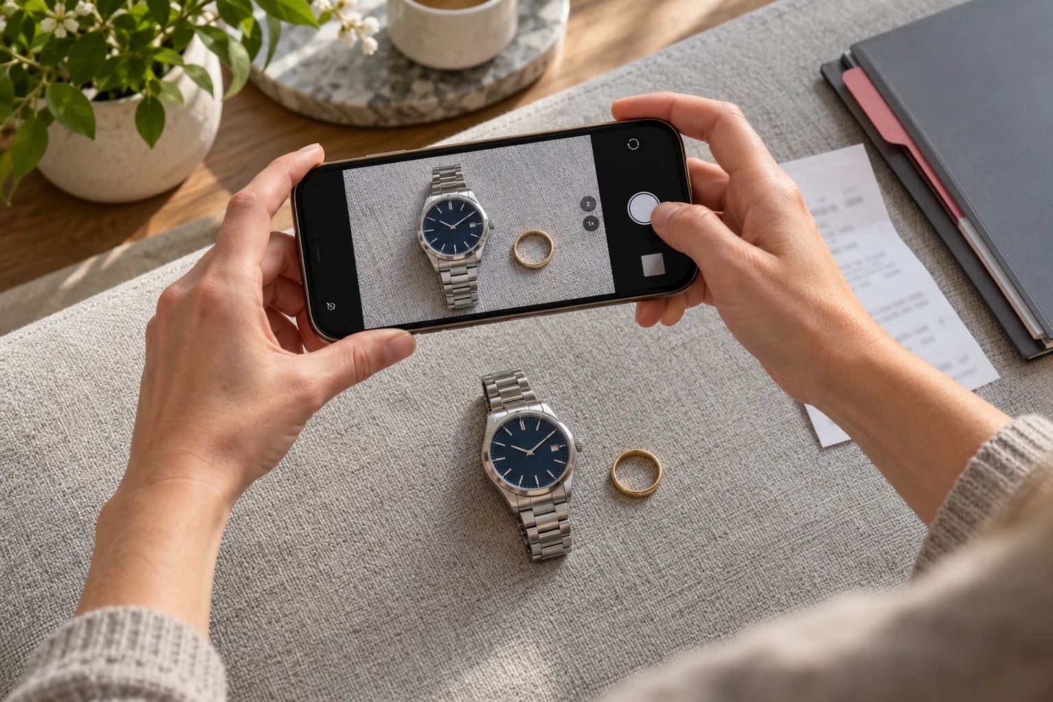Eine Person fotografiert eine Armbanduhr und einen Goldring mit dem Smartphone