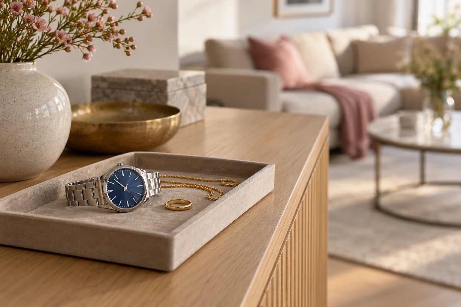 Armbanduhr, Goldring und Halskette in einer Schmuckablage im Wohnzimmer