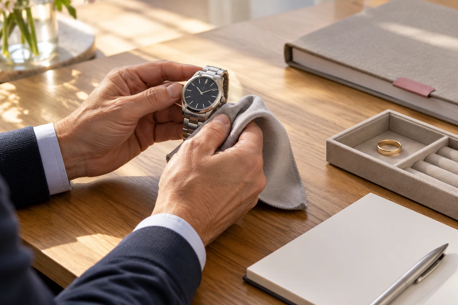 Hände halten eine Armbanduhr neben einer Schmuckablage und einem Notizbuch
