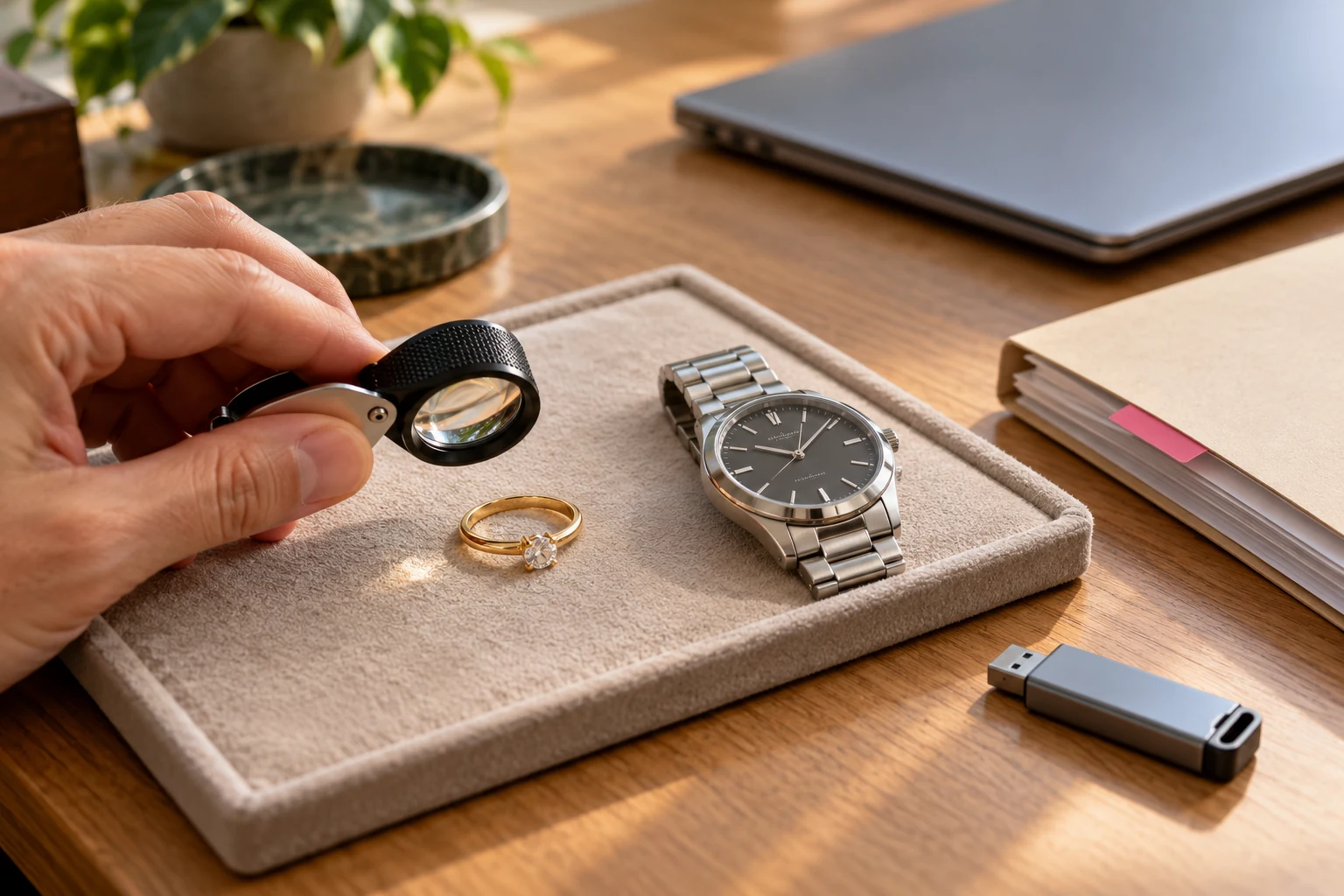 Schmuckring und Armbanduhr neben einer Lupe, einer Dokumentenmappe und einem USB-Datenträger