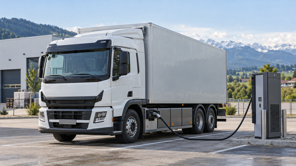 Elektro-Lkw an einer Ladestation auf einem Betriebsgelände vor Alpenkulisse