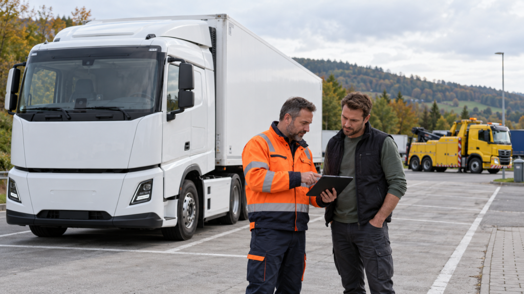 Lkw-Fahrer und Servicetechniker besprechen die Hilfe neben einem stehenden Lkw