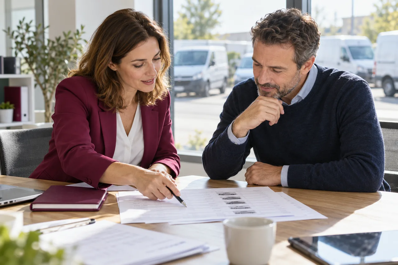 Zwei Personen besprechen eine Fahrzeugliste am Bürotisch