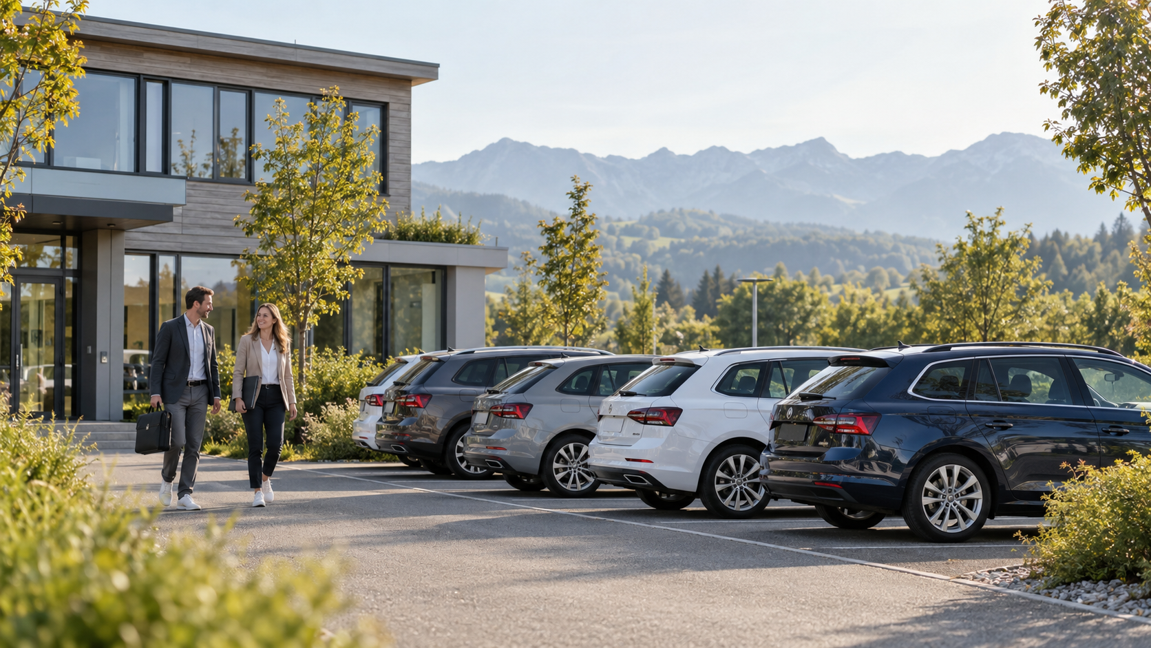 Firmenwagen vor einem Bürogebäude mit Alpenpanorama im Hintergrund