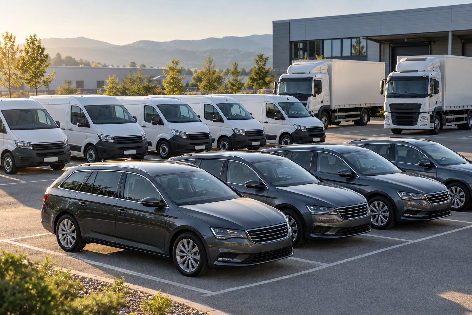 Firmenfuhrpark mit Pkw, Transportern und Lkw auf einem Betriebsgelände