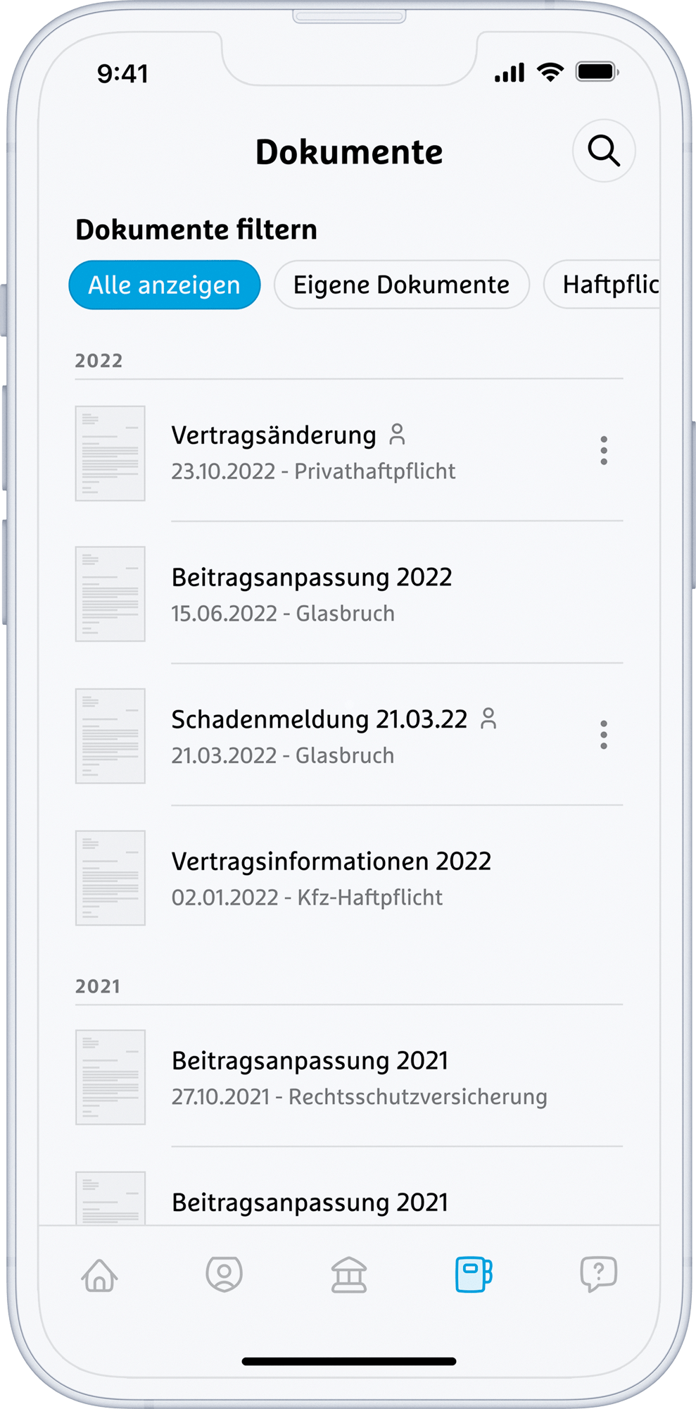 Beispielansicht: Dokumentenübersicht mit einer hinterlegten Schadenmeldung