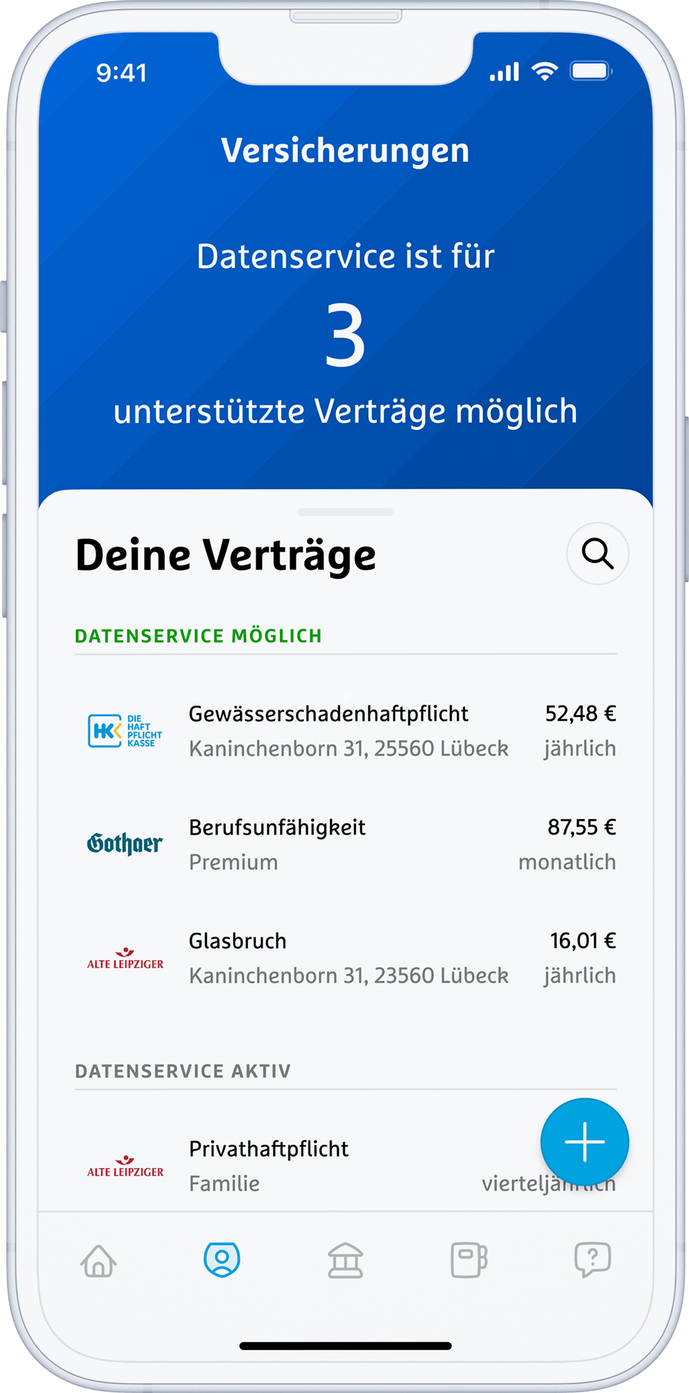 Beispielansicht der simplr-App: Übersicht der hinterlegten Versicherungsverträge